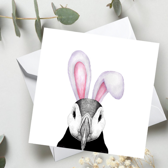 Bunny Ears Puffin Card – Spring Greeting, Nature Lover Card
