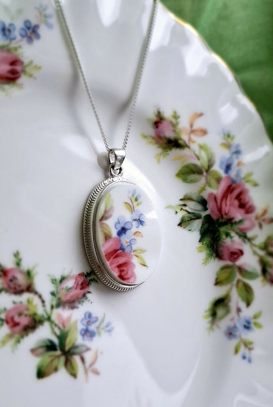 Rose and Forget me not broken china Pendant