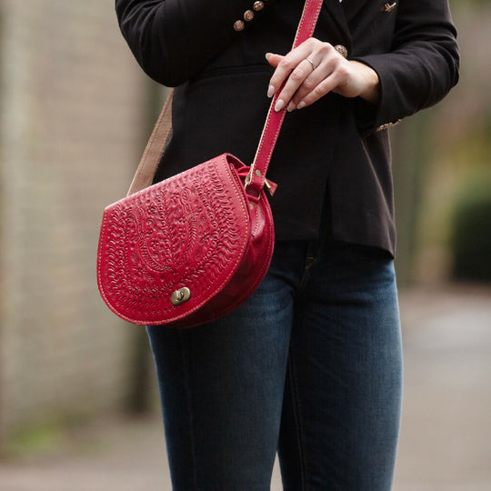 The Temara Embossed Saddle Bag in Red