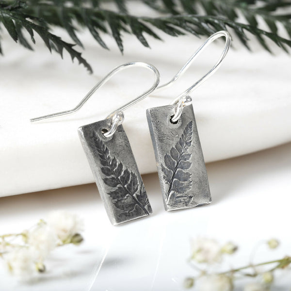 Fern Leaf Silver Rectangle Drop Earrings