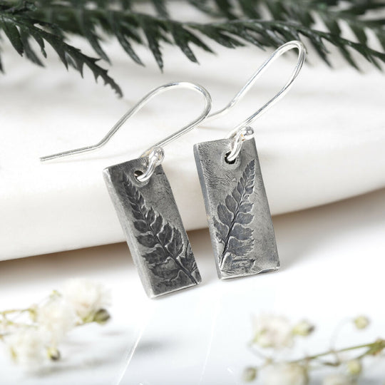 Fern Leaf Silver Rectangle Drop Earrings