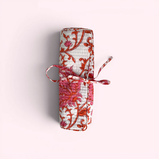 Cotton Jewellery Roll - Coral Pink and White Floral