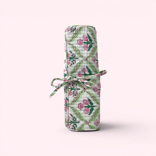 Cotton Jewellery Roll - Green and Pink Block Print Floral