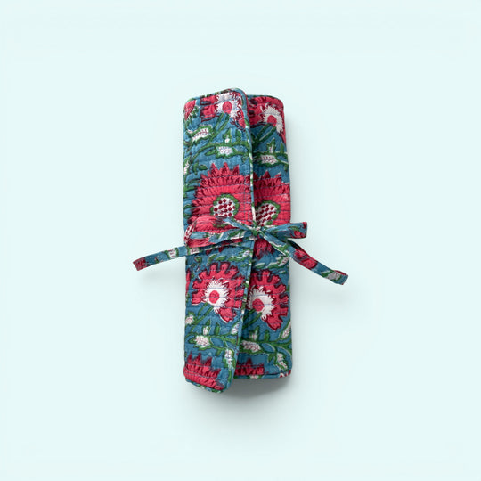 Cotton Jewellery Roll - Teal and Pink Floral
