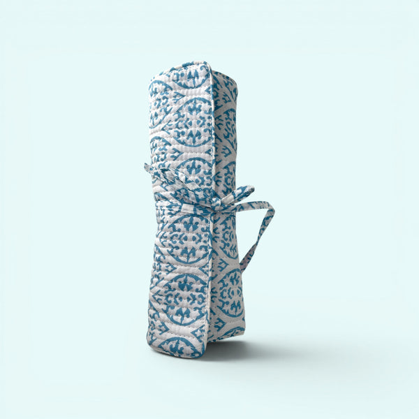 Cotton Jewellery Roll - Light Blue and White Block Print