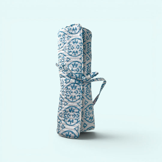 Cotton Jewellery Roll - Light Blue and White Block Print
