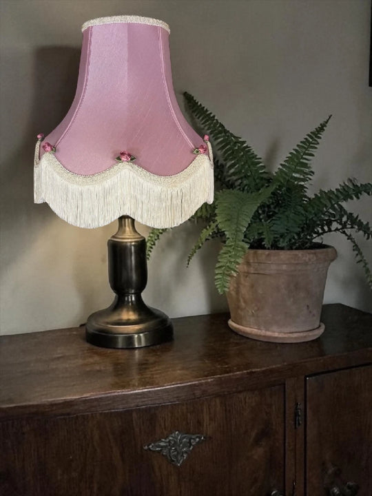 Handmade rose pink fabric lampshades with pink rose buds and green leaves - Available in 8 sizes