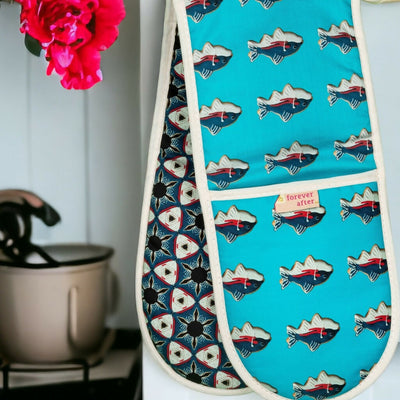 'Skipping Over the Ocean' Organic Cotton Oven Gloves with Blue Fish Cookie Design