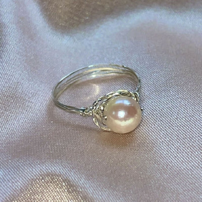 Dainty Freshwater Pearl Wire Wrapped Solid Silver Ring