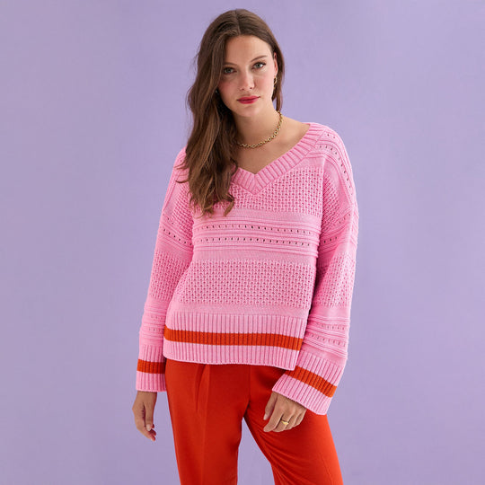 Judith Pointelle Stitch V Neck Jumper - Pink