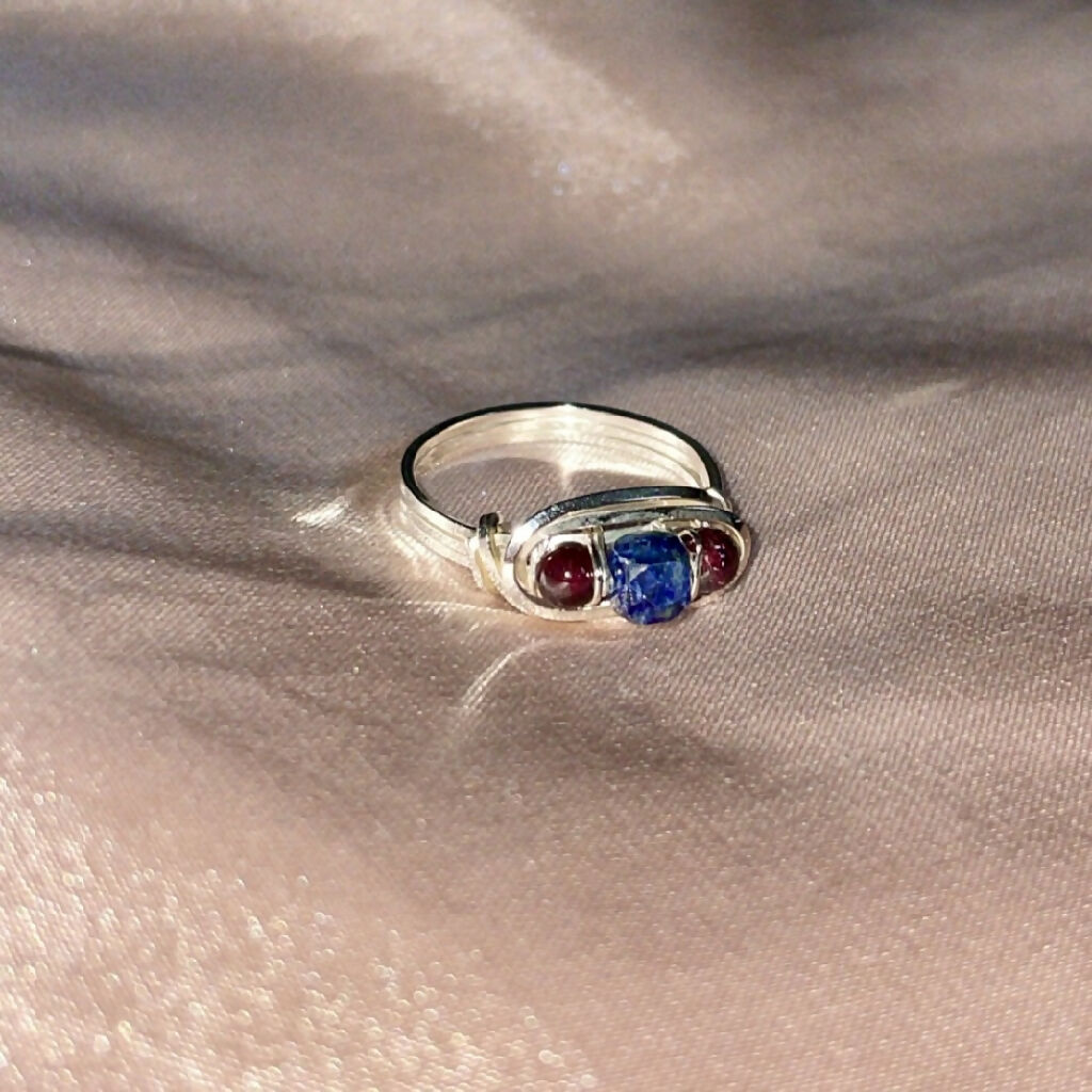 Lapis Lazuli & Garnet Wire Wrapped Solid Silver Ring