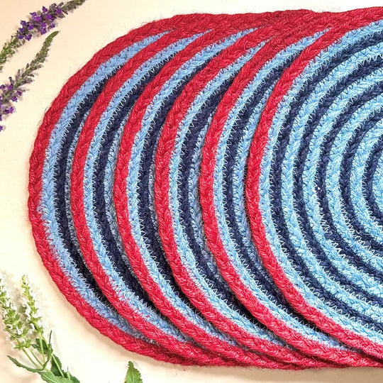 JUTE PLACEMATS - STRIPY BLUE & RED (SET OF 6)