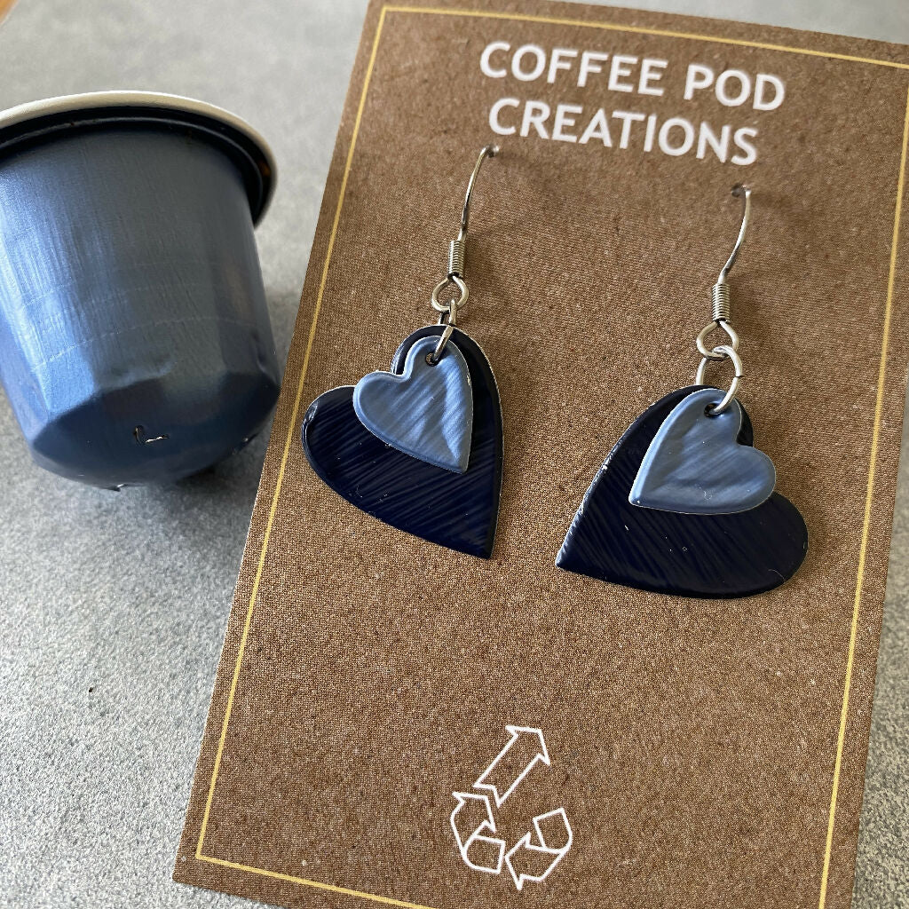 Recycled Metal Heart Earrings in Blue