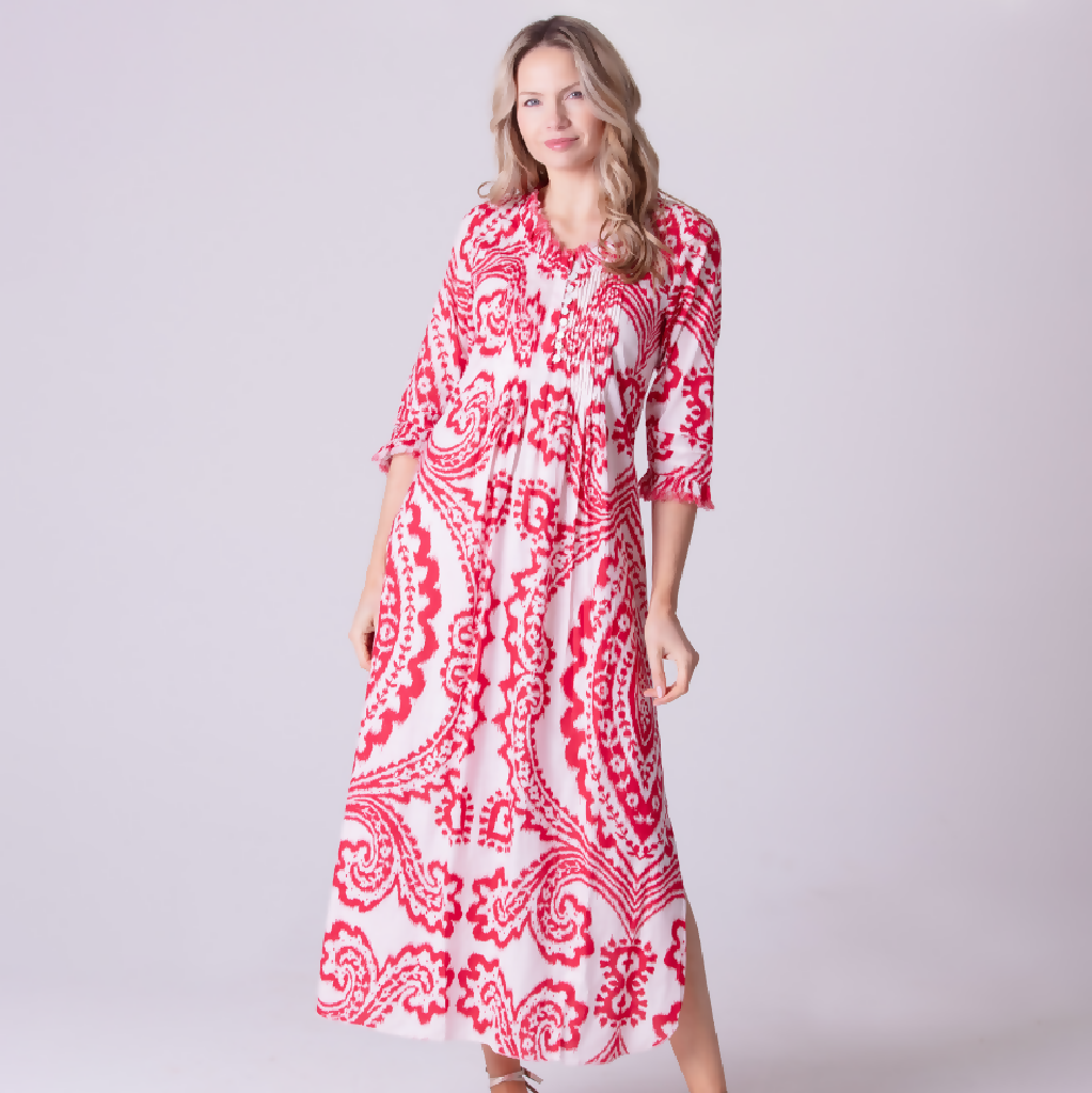 Cotton Annabel Maxi Dress in Red & White Ikat