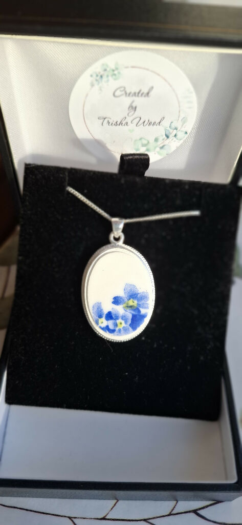 Forget me not broken china with crest silver pendant