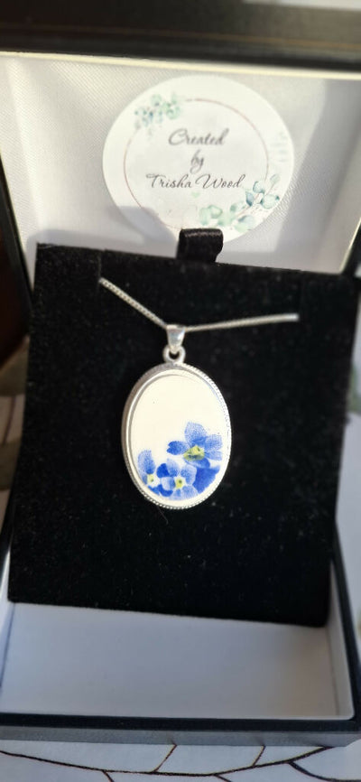Forget me not broken china with crest silver pendant