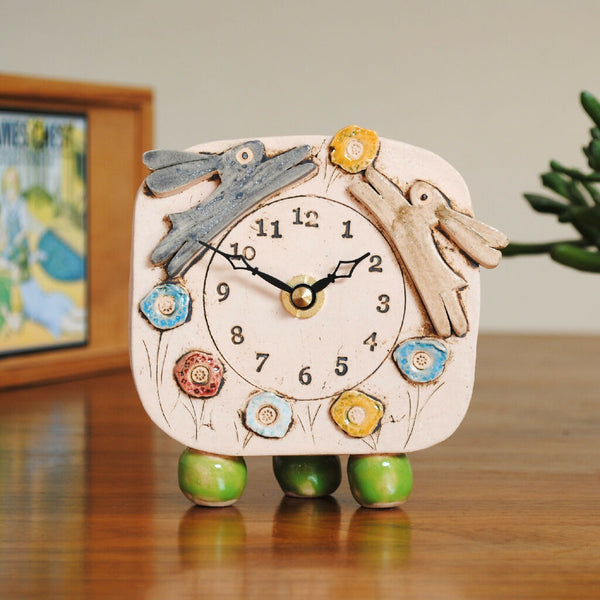 Small Mantel Clock With Brown Rabbit And Grey Hare
