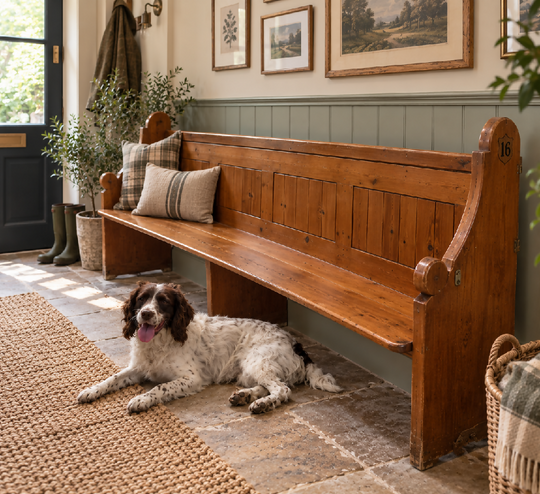 Antique Pine Church Pew 'No.16'. Bench 254cm Long