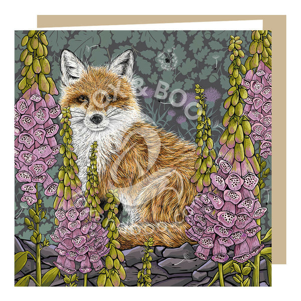 Greeting card by Fox and Boo featuring a whimsical fox in a woodland setting surrounded by foxgloves