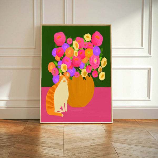 Ginger Cat And Roses Print