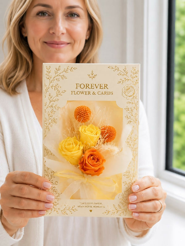 Forever Rose Flower Card -Handmade in the UK with real preserved roses that last for a year or more-New With FREE Clear Vase