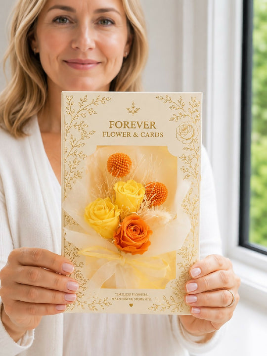 Forever Rose Flower Card -Handmade in the UK with real preserved roses that last for a year or more-New With FREE Clear Vase