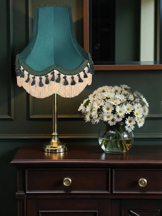 Dark green fabric lampshades with dark green tassels - Available in 8 sizes