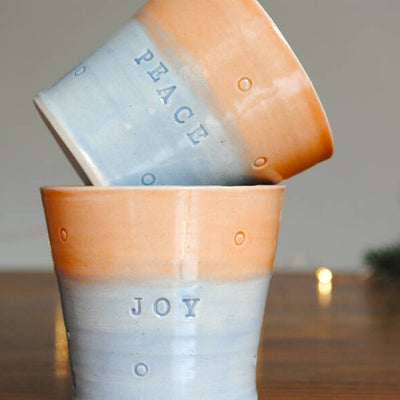 Small Stoneware Tumbler with 'Joy', 'Love' or 'Peace' Engraving in Purple and Orange