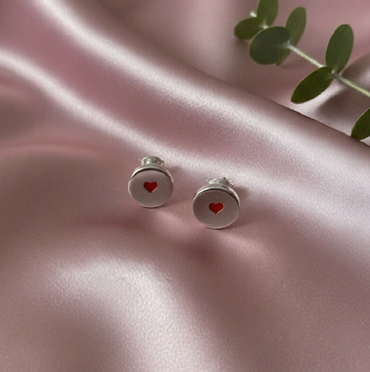 Sterling Silver Stud Earrings with Red Hearts