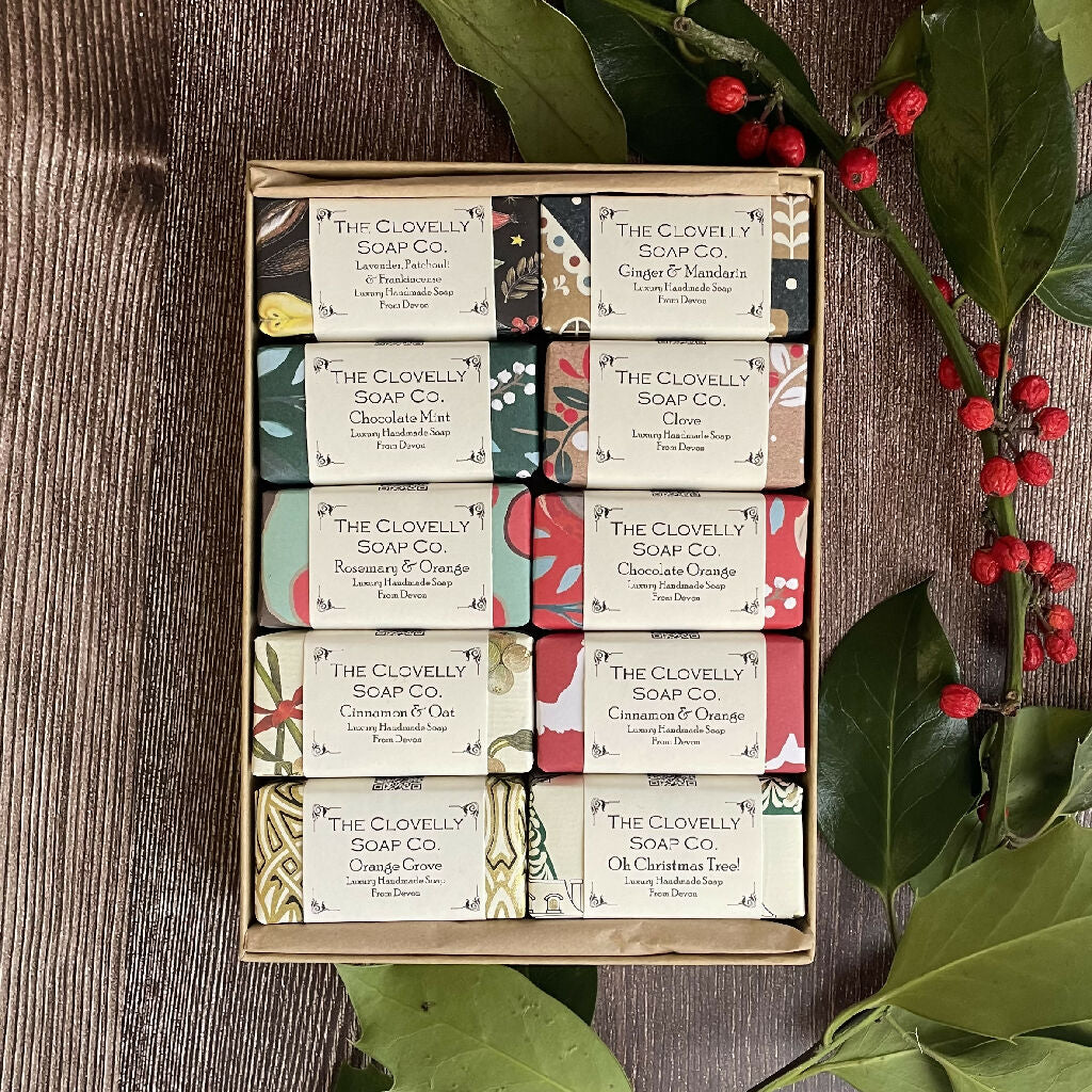 Festive Gift Set of 10 small Guest Soaps in Christmas wrappers and a presentation box