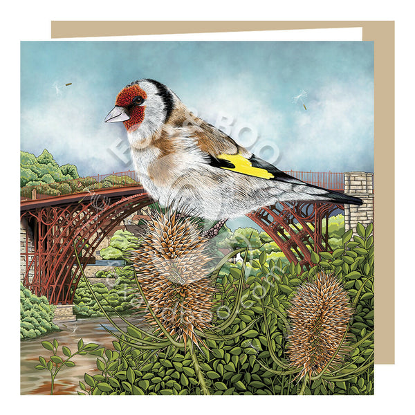 Greeting card design from Fox and Boo featuring a goldfinch perched on a teasel with Shropshire's Ironbridge in the background
