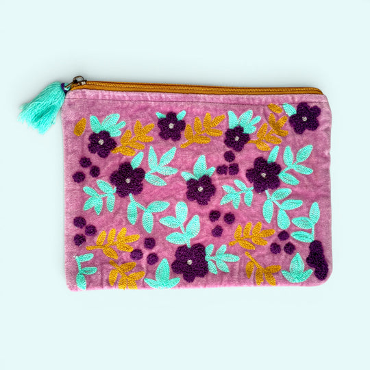 Embroidered Velvet Make Up Bag | Everyday Pouch | Lilac and Mint Garden Floral