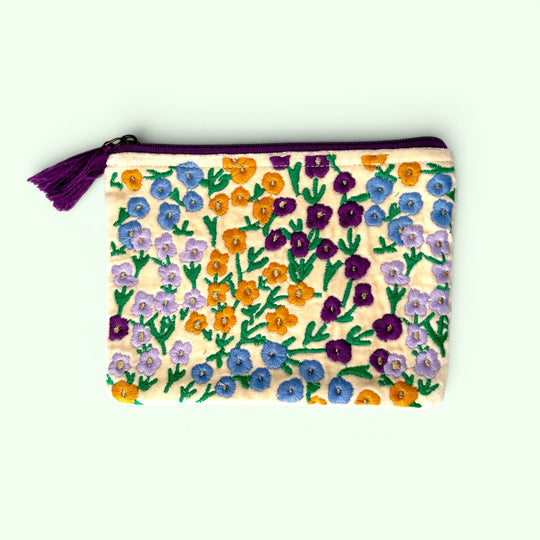 Embroidered Velvet Mini Pouch | Ditsy Garden Floral in Cream and Purples