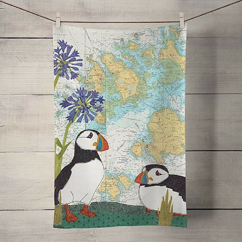 Puffins at Scilly Tea Towel by Hannah Wisdom Textiles