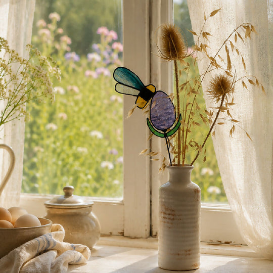 Violet Teasel Bloom & Honey Bee Plant Stake - Bouquet Filler