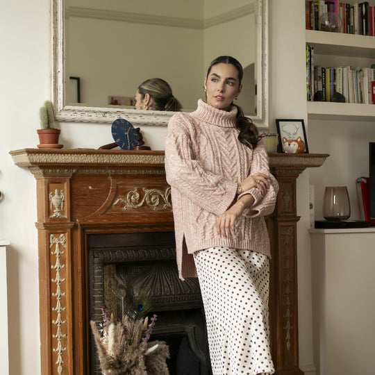 Emily Cable Roll Neck Tunic Jumper - Dusky Pink