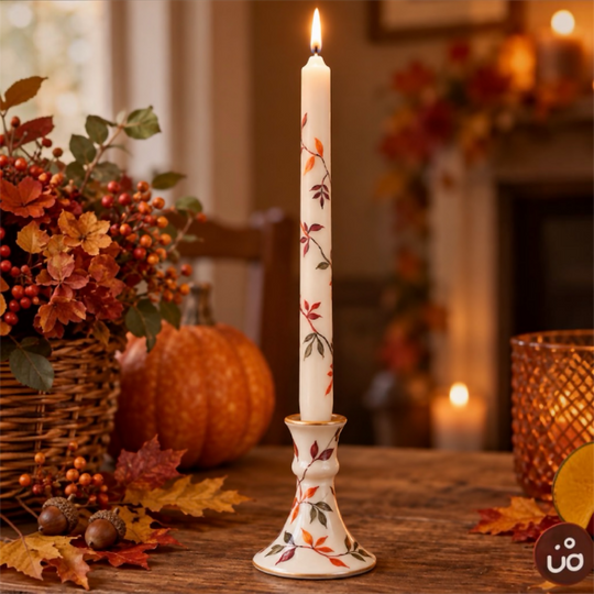 Hand painted Ivory candle with beautiful delicate entwined autumn leaves . Priced per pair