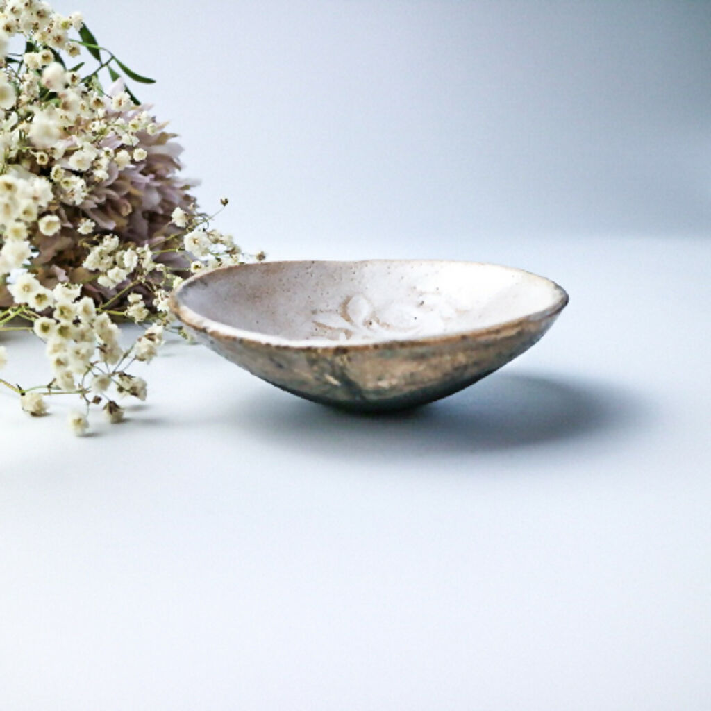 Raku Bowl in White Leaf Design