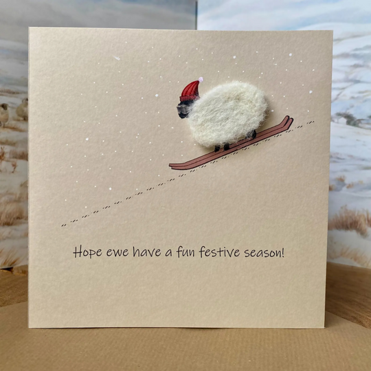 Funny Sheep Christmas Card – Handmade Skiing Sheep