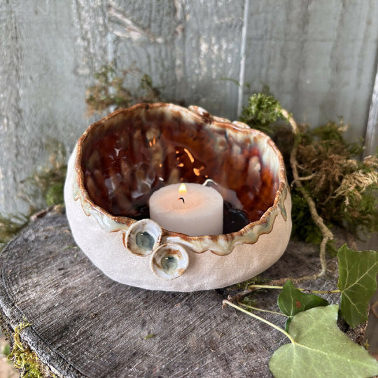 Tea light holder pottery ceramic woodland toadstool elf cap