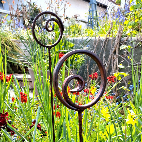 Spiral Garden Supports. Set of three hand-forged Steel Plant Stakes. Garden Sculpture
