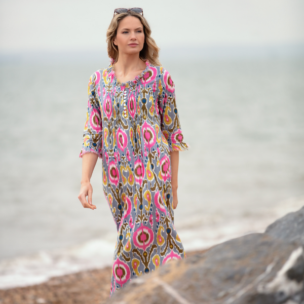 Cotton Annabel Maxi Dress in Grey Multi Ikat