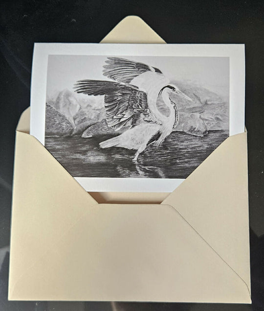 Grey heron greetings card, A6 size, black and white