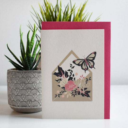 Butterfly and Flowers Greeting Card in Pink