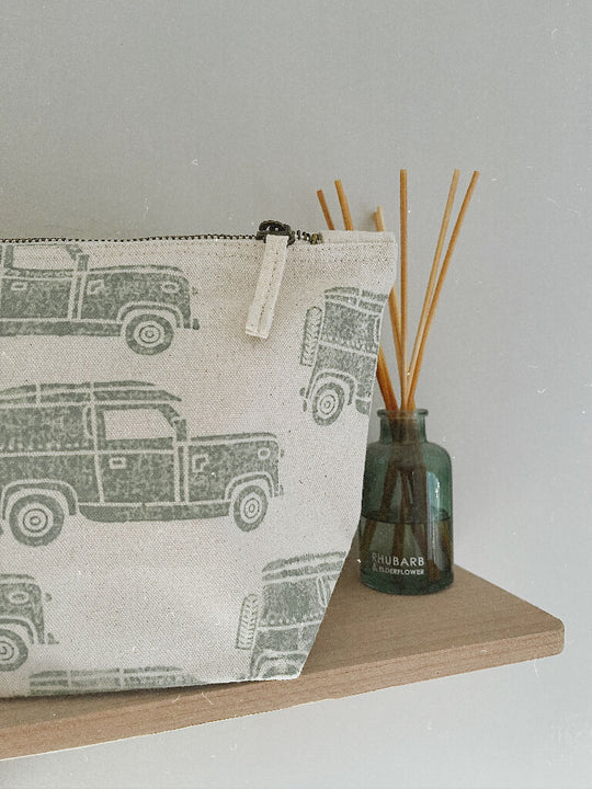 Block printed Land Rover cosmetic bag