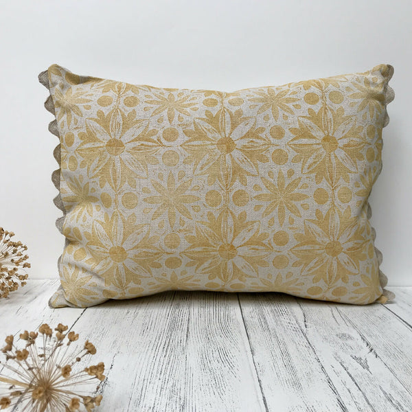 HAND PRINTED ORGANIC COTTON CUSHION - OCHRE YELLOW RUNA