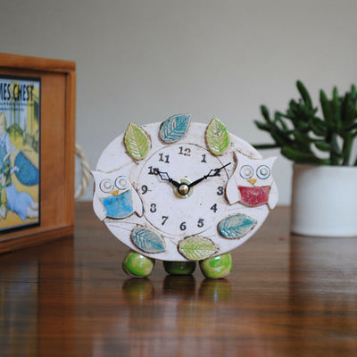 Small Pebble Feet Clock With Owls And Leaves