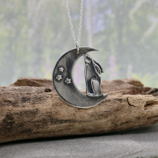 Silver Moongazing Hare in Crescent Moon Necklace