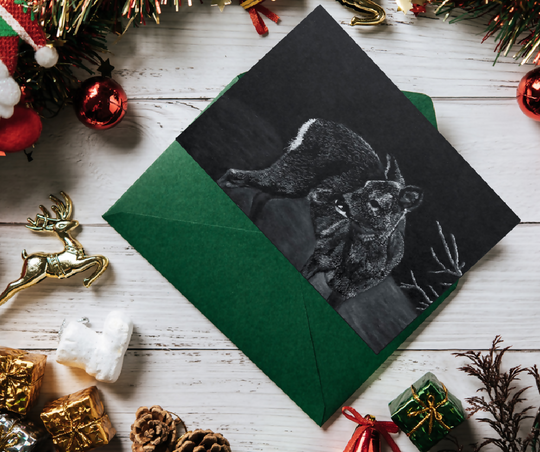 Female Roe Deer winter greetings card/Christmas card, A6 size, black and white