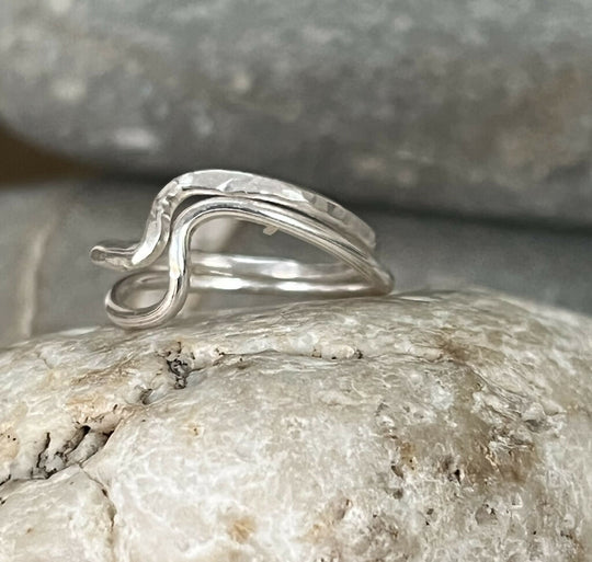 Handmade recycled silver two-ring wave stacker - size N